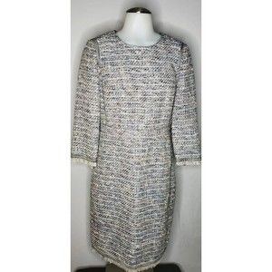 J. Crew Navy Blue Gray Multicolor Tweed Fringe Trim Pencil Dress Size 6